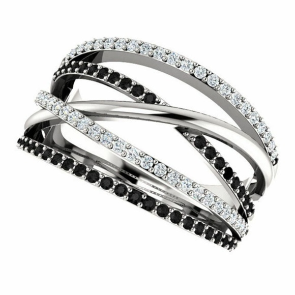 Multi Rows 925 Silver White & Black Sapphire Ring - Picture 3 of 5